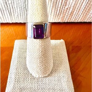 Emerald cut Amethyst set in wide 14 KT Gold on Sterling Silver Band